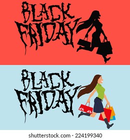 woman buying things on sale in the "Black Friday." tremendous discounts in November Black Friday. woman in the shop. vector illustration.