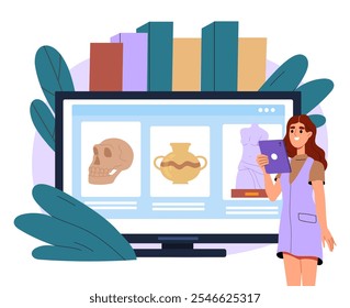 Mujer comprando cosas en línea. Muchacha joven cerca del monitor del ordenador con las mercancías. Transferencias y transacciones electrónicas sin efectivo. Antiguo cráneo y jarrón. Ilustración vectorial plana aislada sobre fondo blanco