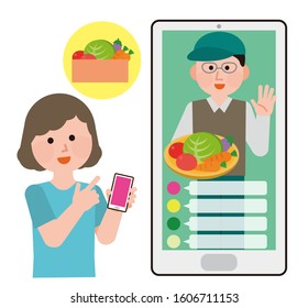 A woman buying vegetables in live commerce Illustration