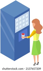 Woman buying water in vending machine. Female character uses automated self service device with snack and beverages. Modern equipment for office or business center. Appliance with food and drinks