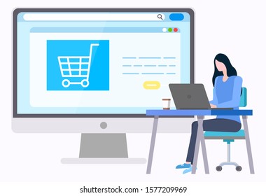 Woman buyng goods in Internet, empty basket on site at screen. Vector business planning and savings, female working on laptop, buyer making purchases online