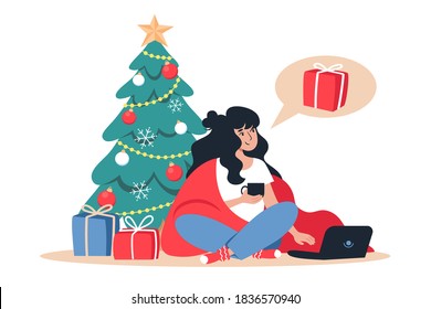 Woman buys Christmas gifts online store. New Year's online shopping from home. Vector illustration for a greeting card and web design of sites and pages