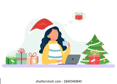 Woman buys Christmas gifts online store wearing Santa Claus hat. Happy New Year online shopping from home. Flat vector illustration for greeting cards, web site designs concept. COVID-19 precaution 