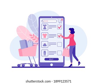 Woman buys clothes in mobile web application vector flat illustration. Female character sends items she likes to online shopping cart. Profitable discounts in online stores high quality marketing.