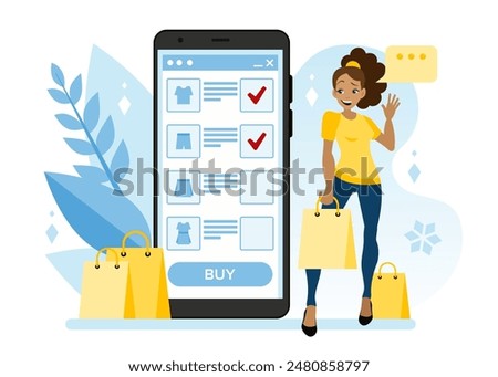A woman buys clothes using a mobile app. A vector flat illustration of a mobile web application. The concept of price freezing during the summer sales period in online stores, high-quality marketing