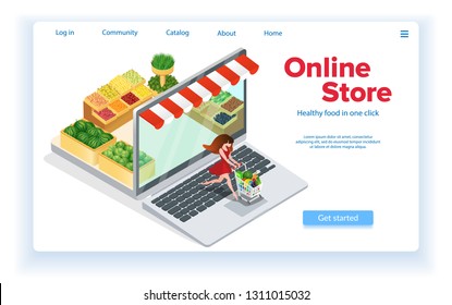 Woman Buys Food Online. Internet Shopping Concept. Customer with Grocery Cart. Healthy Food. E-Commerce. Web Site Landing Page. Online Store in Laptop. Sales and Marketing. Isometric Vector EPS 10.