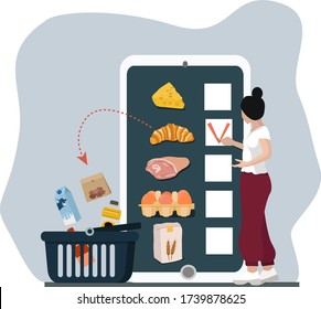A woman buys food products in a mobile app. Order and delivery in an online supermarket. Concept Of Grocery Stores On The Internet. Flat Cartoon Vector Illustration.