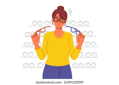 Woman buys glasses in store with large assortment of lenses and frames and chooses one of two options. Girl stands near display case with glasses in ophthalmic shop, allowing to solve vision problems. svg