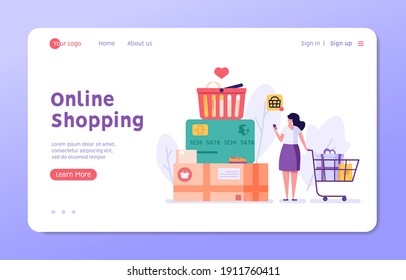 Woman buys goods in an online store. Concept of online shopping, big choice, internet trade, product rating, market place, customer reviews, shopping from home. Vector illustration in flat design