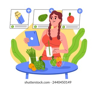 Woman buys groceries concept. Young girl with vegetables and milk. Customer and client with shopping. Electronic commerce, marketing and home delivery. Cartoon flat vector illustration