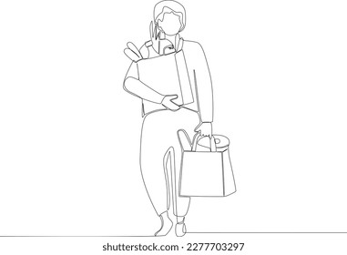 A woman buys a lot of groceries. Grocery shopping one-line drawing