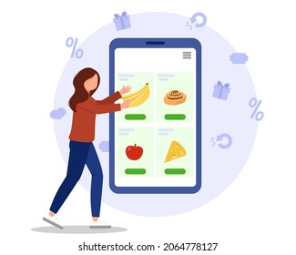 Woman buys groceries online. Stay at home. Vector illustration