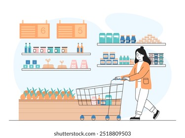 A mulher compra mantimentos. Menina com carrinho comprando legumes e frutas. Carrinho com sortimento. Comprador e consumidor na loja. Ilustração de vetor linear isolada no plano de fundo branco