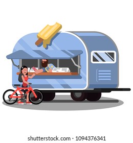 Woman buys an ice cream in food truck