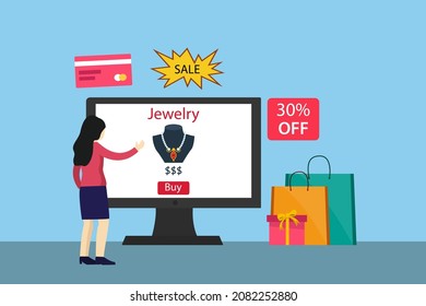 Woman buys jewelry online with a computer vector illustration flat design