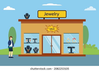 Woman Buys Jewelry From Jewelry Shop Vector Illustration Flat Design