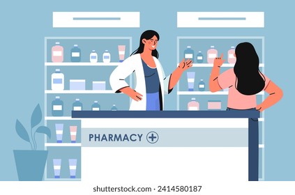 Frauen kaufen Medizin Konzept. Junge Mädchen in Apotheke mit Verkäufer. Gesundheitsversorgung und Behandlung. verschreibungspflichtiger Patient kam zum Apotheker. Verkäufer und Käufer. Cartoon-Flavektor-Vektorgrafik