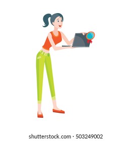 Woman buys notebook at discount price. Illustration in flat style design. Household appliances sale. Best price on laptops. PC with clamshell, alphanumeric keyboard and thin LCD or LED screen. Vector