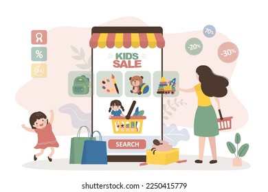 Woman buys online in a mobile application. Toy store is having sale. Discounts on children goods and toys. Kid girl happy with new purchases. Mother with shopping cart. Flat vector illustration