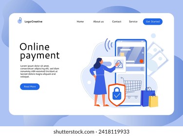 Woman buys online purchase, online shopping landing page. Vector of mobile app retail, commerce order by phone, customer with smartphone e-commerce illustration