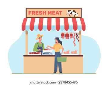 Woman buys produce from farm street fresh meat store. Different kinds of meat products chops, sausages, bacon, ham and chicken in butcher shop. Cartoon flat style isolated vector concept