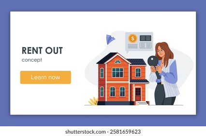 Woman buys real estate. Young girl with key near house. Realtor and owner of real estate or private property. Investing and trading. Landing page design. Flat vector illustration