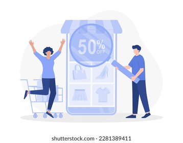 A woman buys things in an online store, online shopping, discount. Modern vector flat illustration