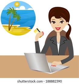 woman buys a tour in vacation after a credit card, vector illustration