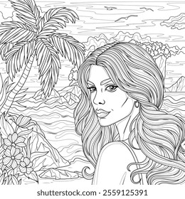 A woman by the sea and a palm tree.Coloring book antistress for children and adults. Illustration isolated on white background.Zen-tangle style. Hand draw