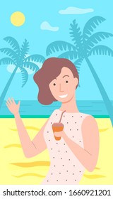 Woman by seaside vector, female character drinking tea or coffee. Tropics with warm water and sunshine, beach and palm tree, coastal weather waving lady
