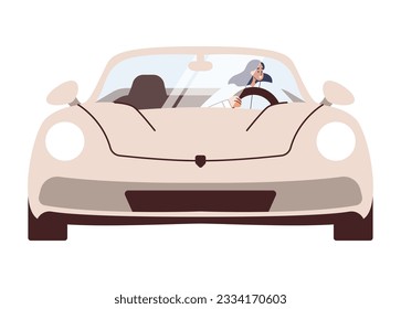 Woman in cabrio car at road trip. Woman driving convertible. Business concept. Summer auto ride in open top. Flat vector illustration isolated on white background