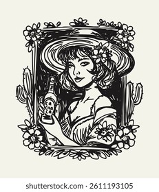 Woman with cachaca bottle. Portrait in floral frame. Brazilian northeast woodcut cordel illustration.