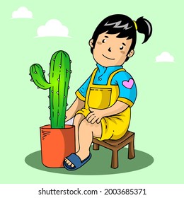 Woman with cactus plant illustration