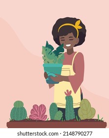 woman with cactus and plants gardening