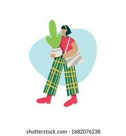 Woman With Cactus. Vector Illustration On White Isolated Background