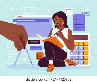 Woman cadastral engineer concept. Girl with calculator and compass conducts geodetic research of area to plan real estate construction project. Cartoon flat vector illustration