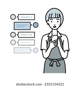 a woman in cafe apron enjoying chat conversation via social network messenger standing and looking in smart phone in her hands
