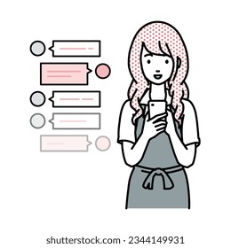 a woman in cafe apron enjoying chat conversation via social network messenger standing and looking in smart phone in her hands - Powered by Shutterstock - Get 15% off with code: PIKWIZARD15