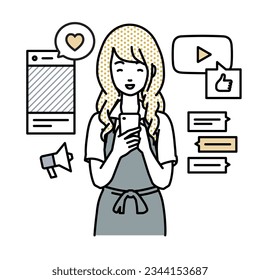 a woman in cafe apron enjoying communication via various social network and messenger standing and looking in smart phone in her hands - Powered by Shutterstock - Get 15% off with code: PIKWIZARD15