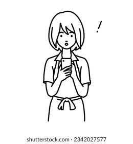 a woman in cafe apron found and noted something standing, looking in and using smart phone in her hands