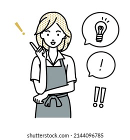 a woman in cafe apron getting a great idea standing with pointing hand gesture light bulb and exclamation symbol set