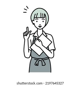 a woman in cafe apron getting ideas standing with document pointing hand gesture