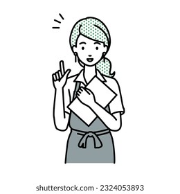 a woman in cafe apron getting ideas standing with document pointing hand gesture