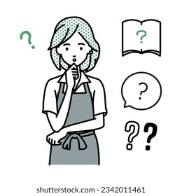 a woman in cafe apron holding a question standing with her finger on her chin question mark set