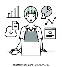 a woman in cafe apron using laptop computer for browsing web sites, researching, sharing files on cloud, analyzing, and making report at her desk