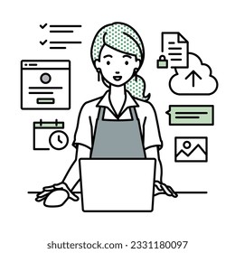 a woman in cafe apron using laptop computer for browsing web sites, researching, sharing files on cloud, scheduling, managing projects, organizing tasks, and communicating with team at her desk
