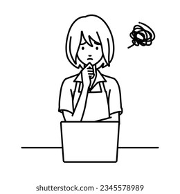 a woman in cafe apron using laptop computer having trouble with her finger on her chin at her desk