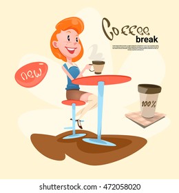 Woman In Cafe Coffee Break Flat Vector Illustration