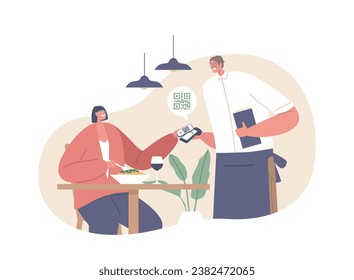 Woman At The Cafe Effortlessly Pays Her Bill Using A Qr Code On Her Phone, Cartoon People Vector Illustration