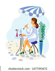 Woman in cafe flat vector illustration. Girl drinking tea in coffee house. Customer having lunch at bistro outdoor seating isolated clipart. Female cartoon character coffee break design element